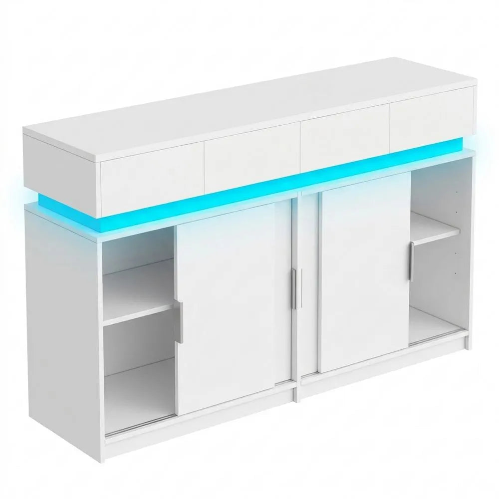 Sideboard mit Schubladen und Schiebetüren, Küchenschrank mit LED-Beleuchtung und Steckdosenleiste