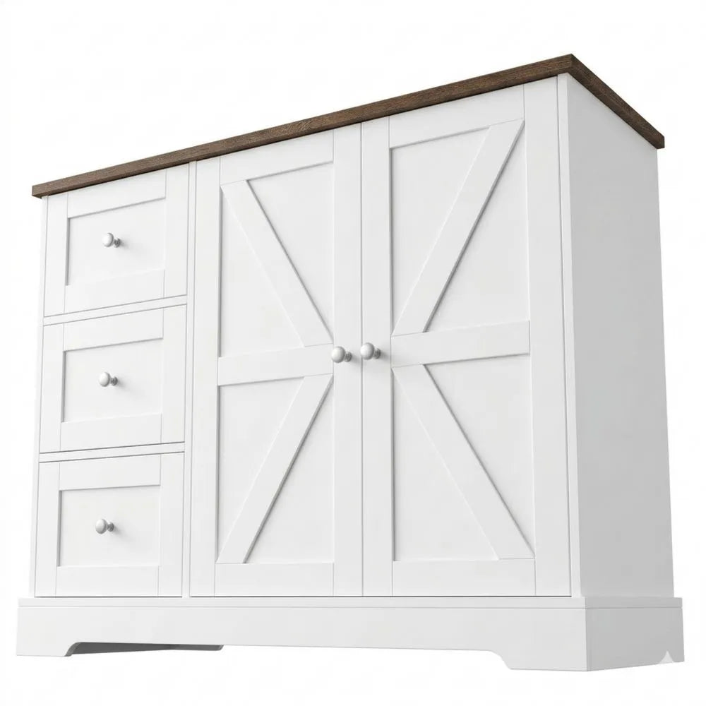 Kommode mit Schubladen und Türen, Stauraumschrank für Küche und Wohnzimmer, Weiß und Braun